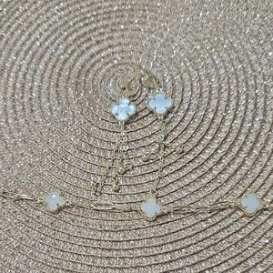 Gold and White Clover Drop Earrings and Bracelet Set - Women Jewelry